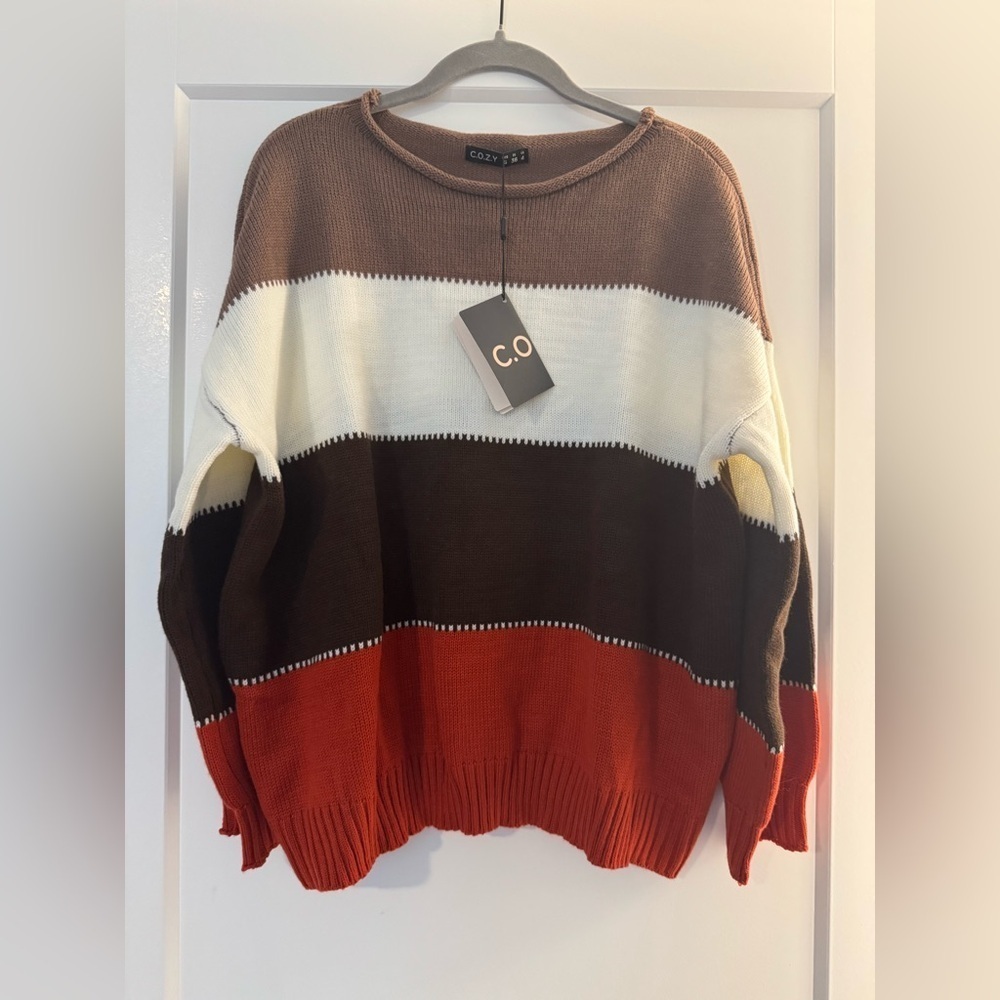 NWT C.O.Z.Y. Brown Orange and Cream Crew Neck Sweater Size 4/S